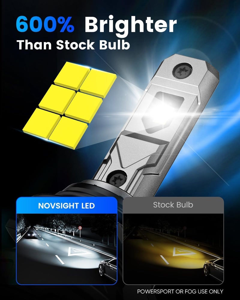 NOVSIGHT 9005 H11 Fog Bulbs - 600% Super Bright HB3 H9/H8 Fog Bulbs Combo with Cooling Fan, 3-Min Quick Installation, 6500K, Pack of 4 - Image 2